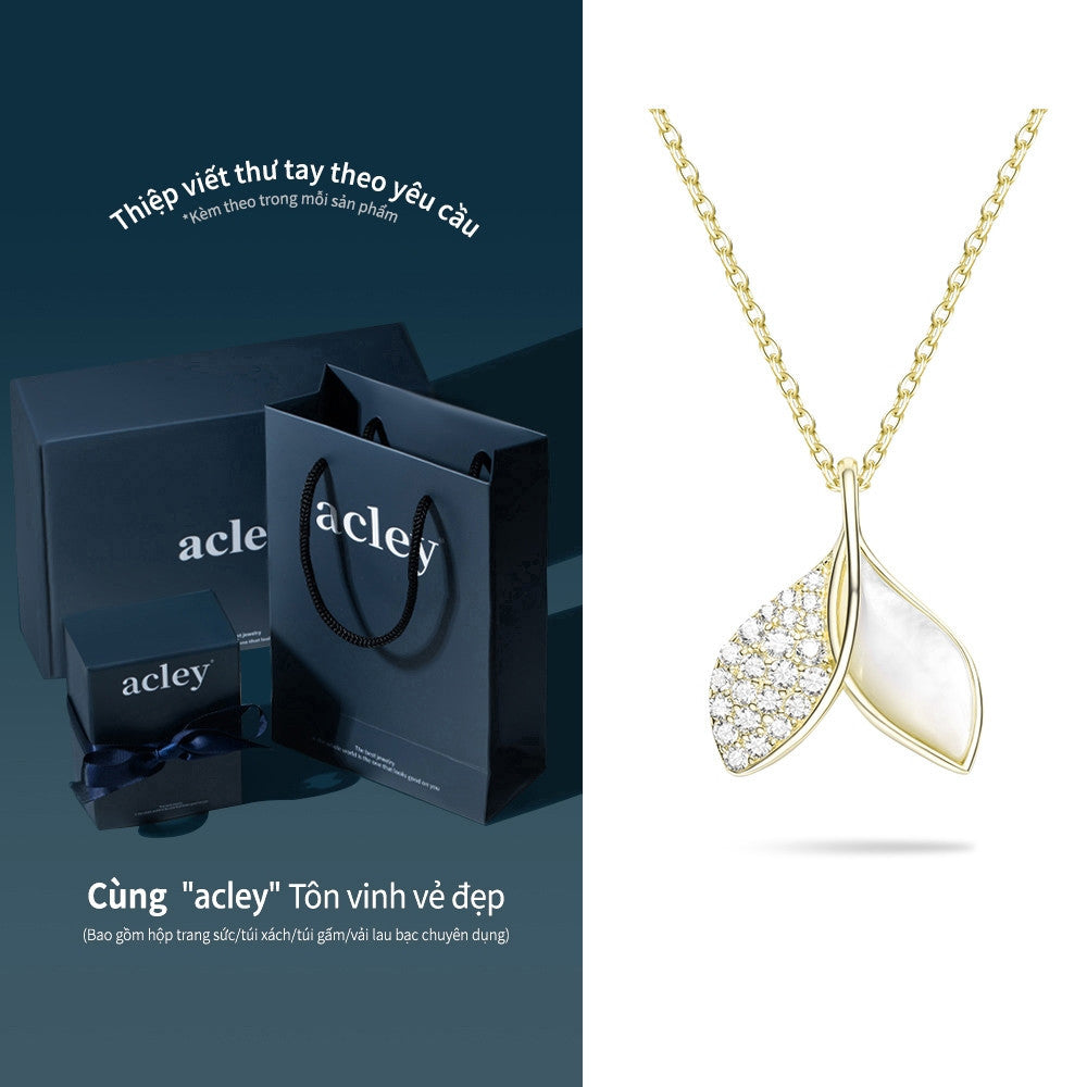 Dây chuyền bạc S925 lá đôi xà cừ trắng đính đá zircon 5A
