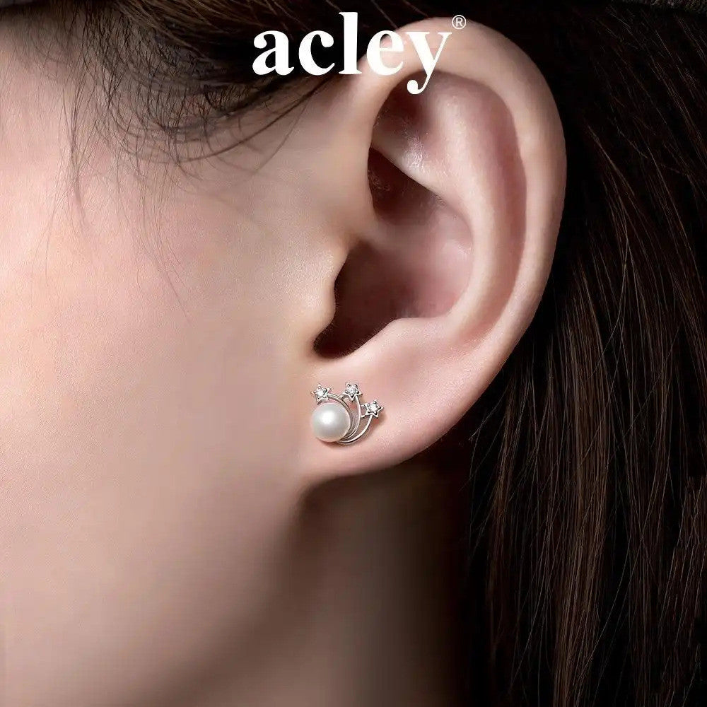 Bông tai bạc S925 ngọc trai nước ngọt hình cầu vồng sao đính đá zircon 5A