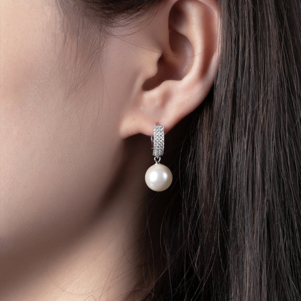Bông tai bạc S925 dáng khoen đính zircon 5A phối ngọc trai