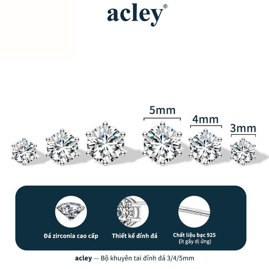 Bộ 3 đôi bông tai nụ bạc S925 đính đá zircon 5A nhiều kích cỡ
