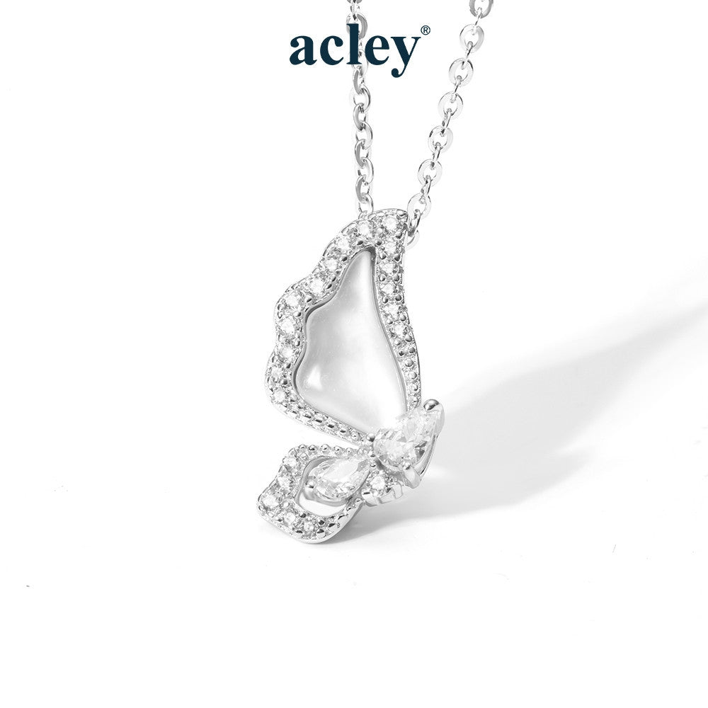 Dây chuyền bạc S925 mặt cánh bướm xà cừ trắng đính zircon 5A