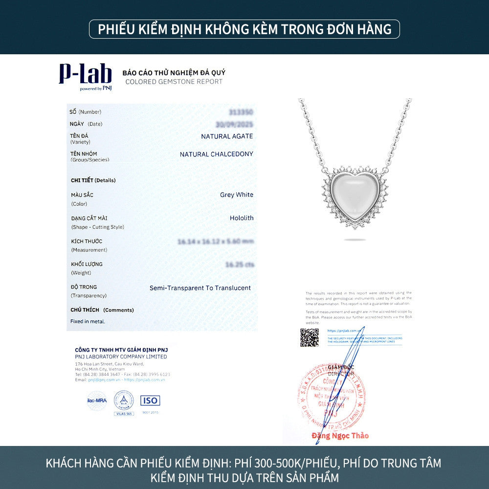 Dây chuyền bạc S925 mặt trái tim đá mã não chalcedony viền zircon 5A