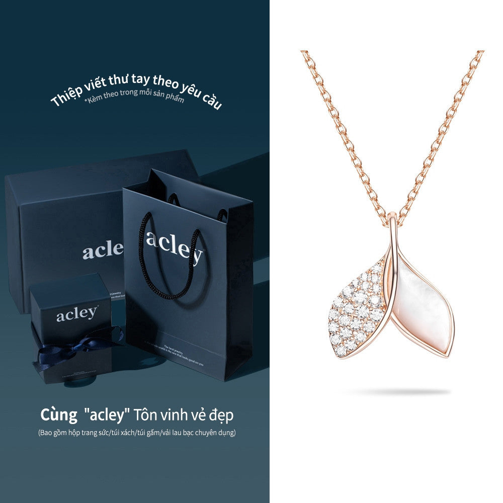 Dây chuyền bạc S925 lá đôi xà cừ trắng đính đá zircon 5A