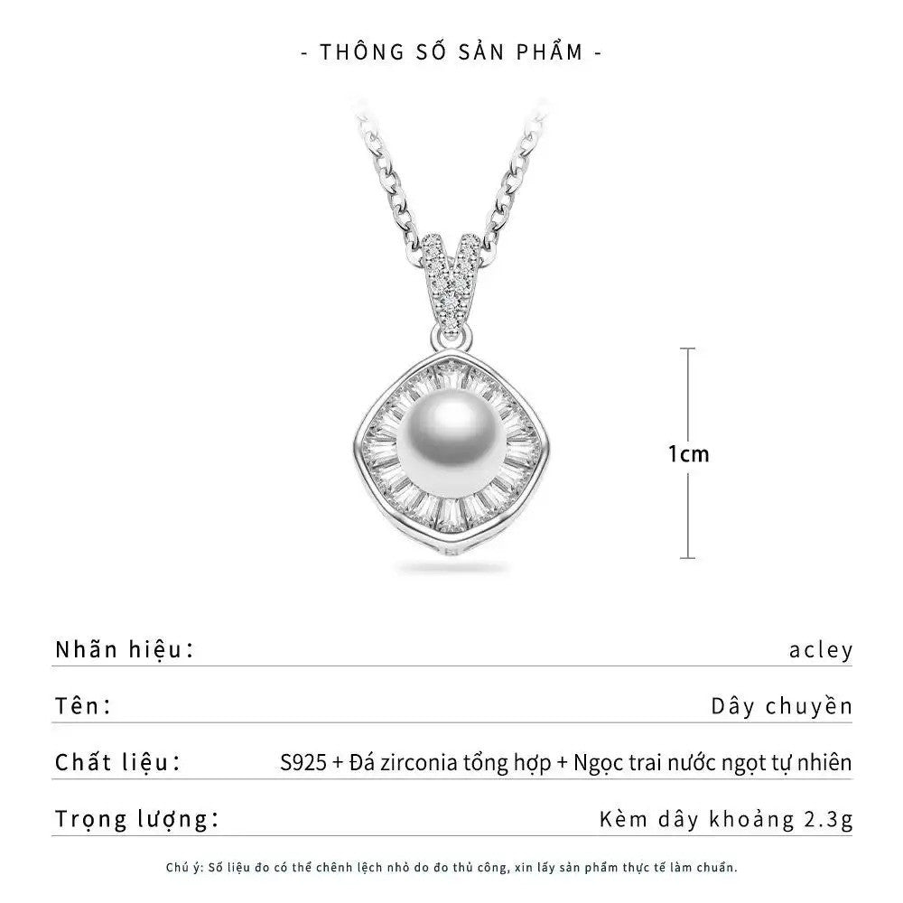 Dây chuyền bạc S925 ngọc trai nước ngọt mặt vuông bo góc