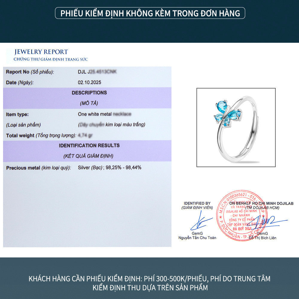 Nhẫn bạc S925 hình bướm đính đá zircon 5A màu xanh