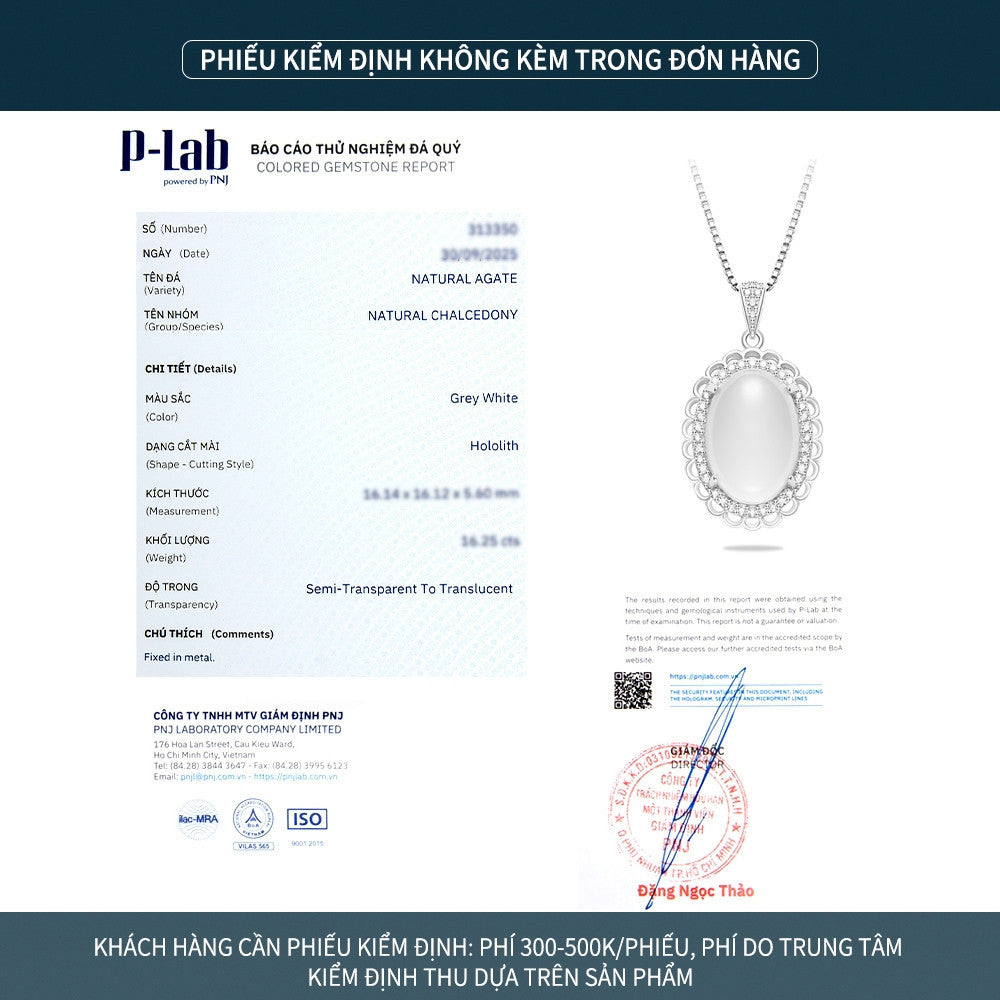Dây chuyền bạc S925 mặt oval đá mã não chalcedony viền bi