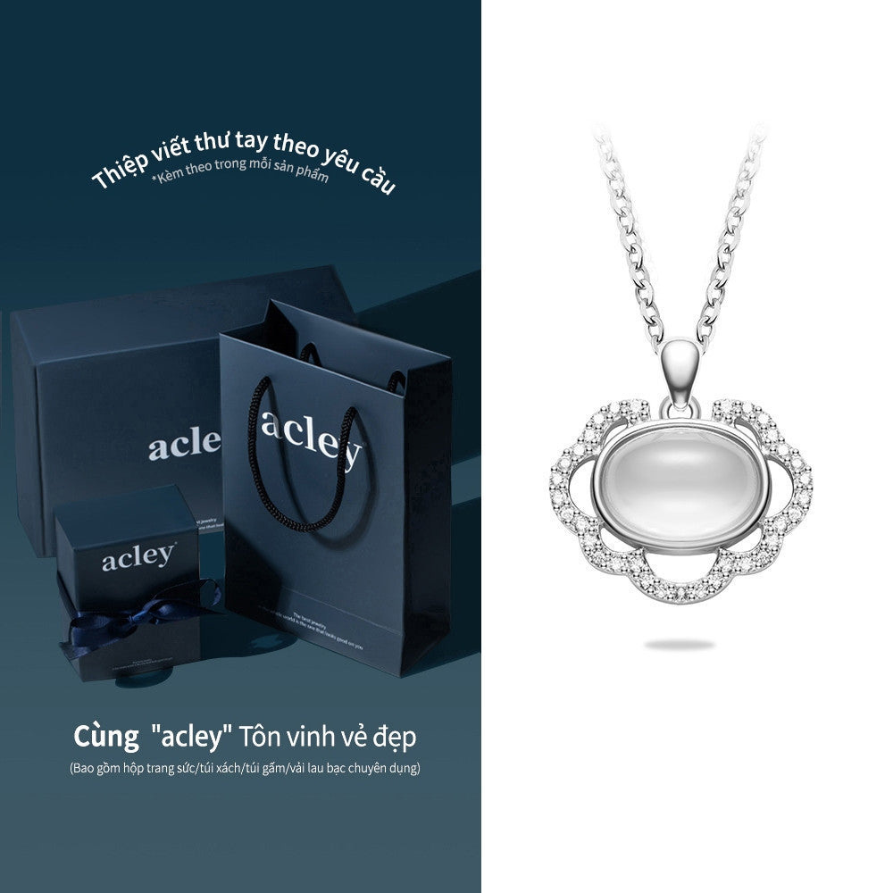 Dây chuyền bạc S925 mặt oval đá mã não chalcedony viền hoa