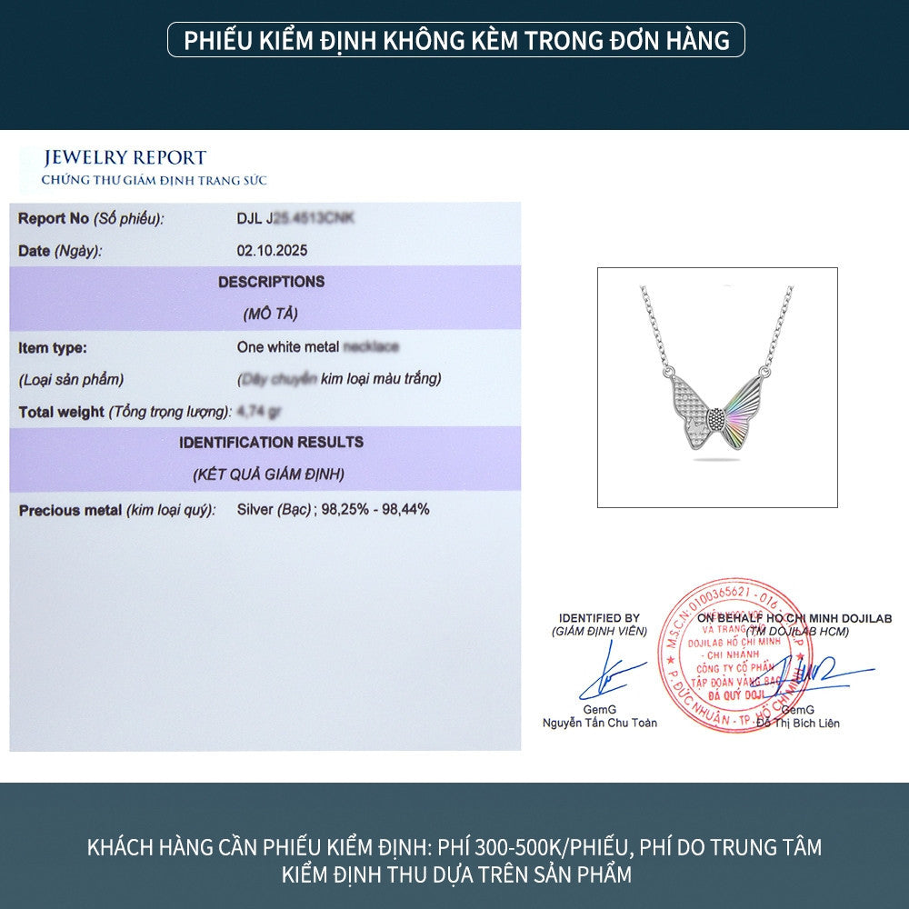 Dây chuyền bạc S925 mặt bướm màu vàng thanh lịch