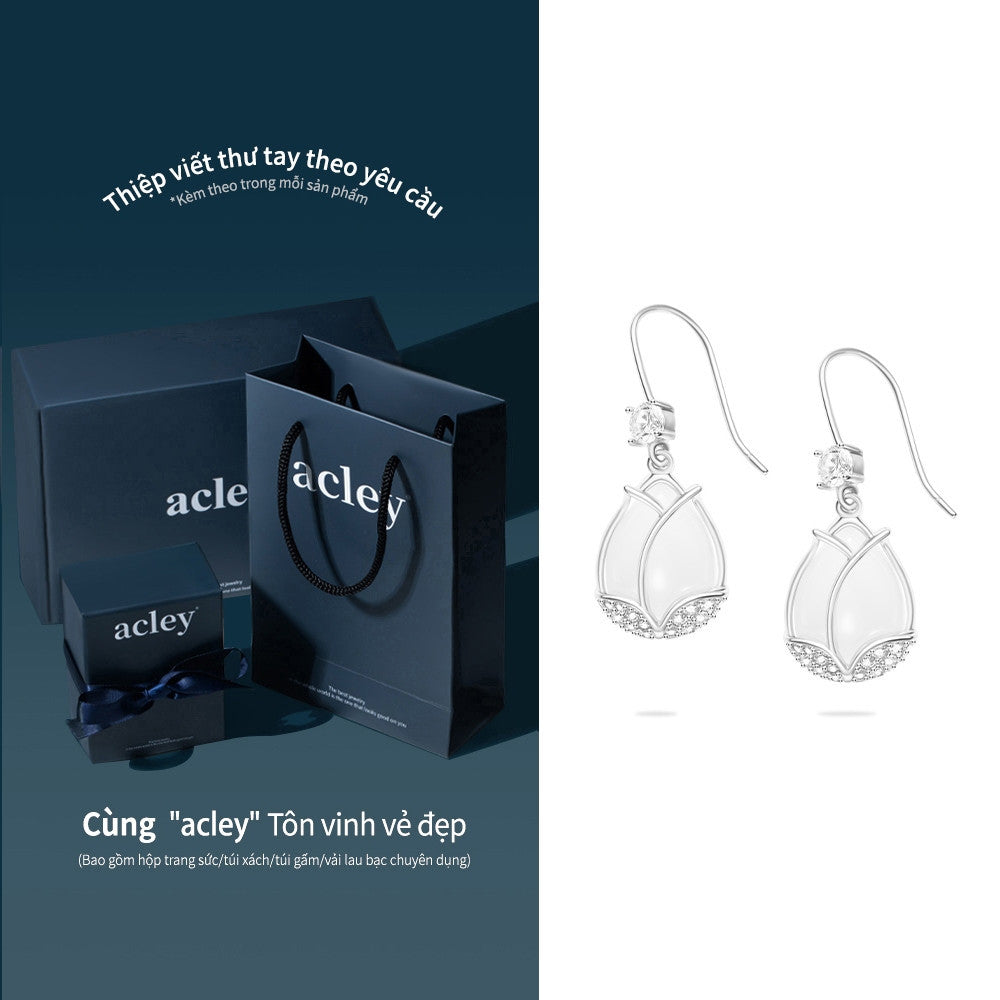 Bộ trang sức bạc S925 hoa tulip phối mã não trắng đính zircon 5A