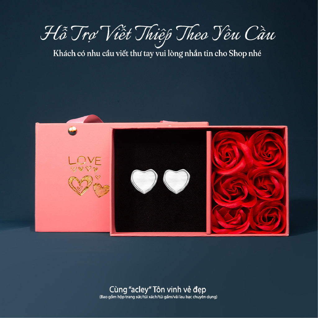 Bông tai nụ bạc S925 mặt trái tim xà cừ trắng
