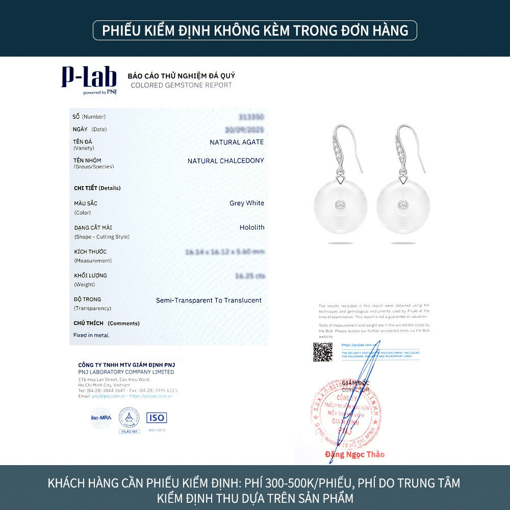 Bông tai móc bạc S925 đá mã não chalcedony dáng đồng xu