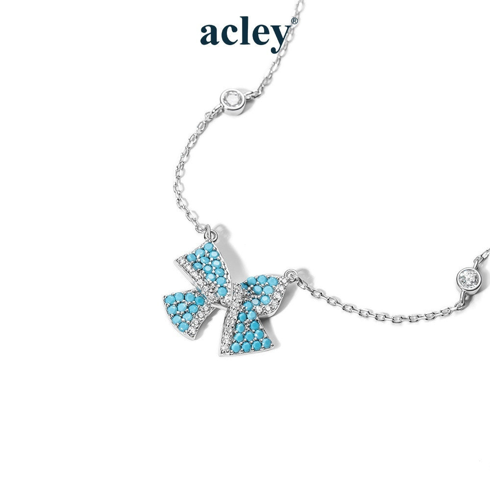Dây chuyền nơ bạc S925 khảm đá turquoise