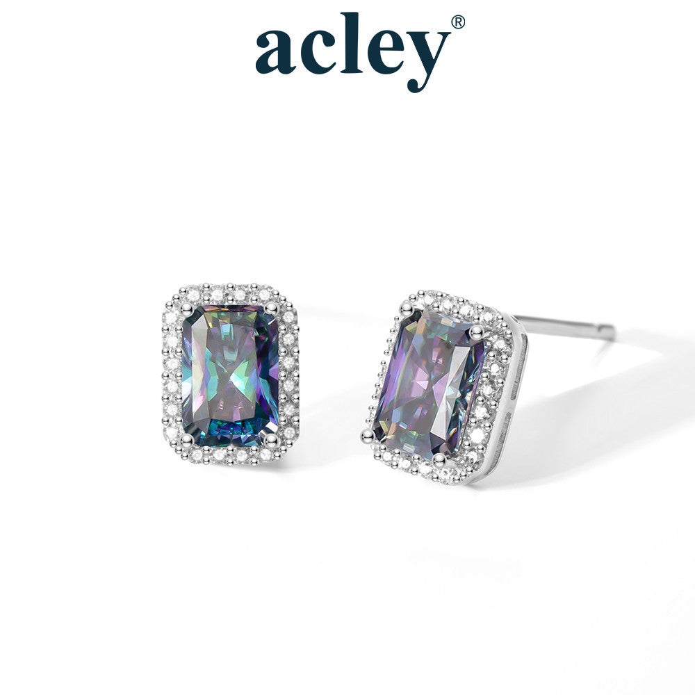 Bông tai bạc S925 đính đá Moissanite dáng chữ nhật halo