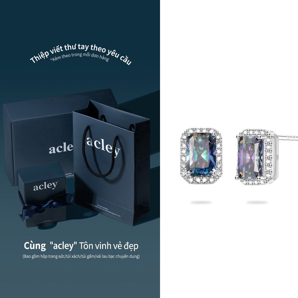 Bông tai bạc S925 đính đá Moissanite dáng chữ nhật halo