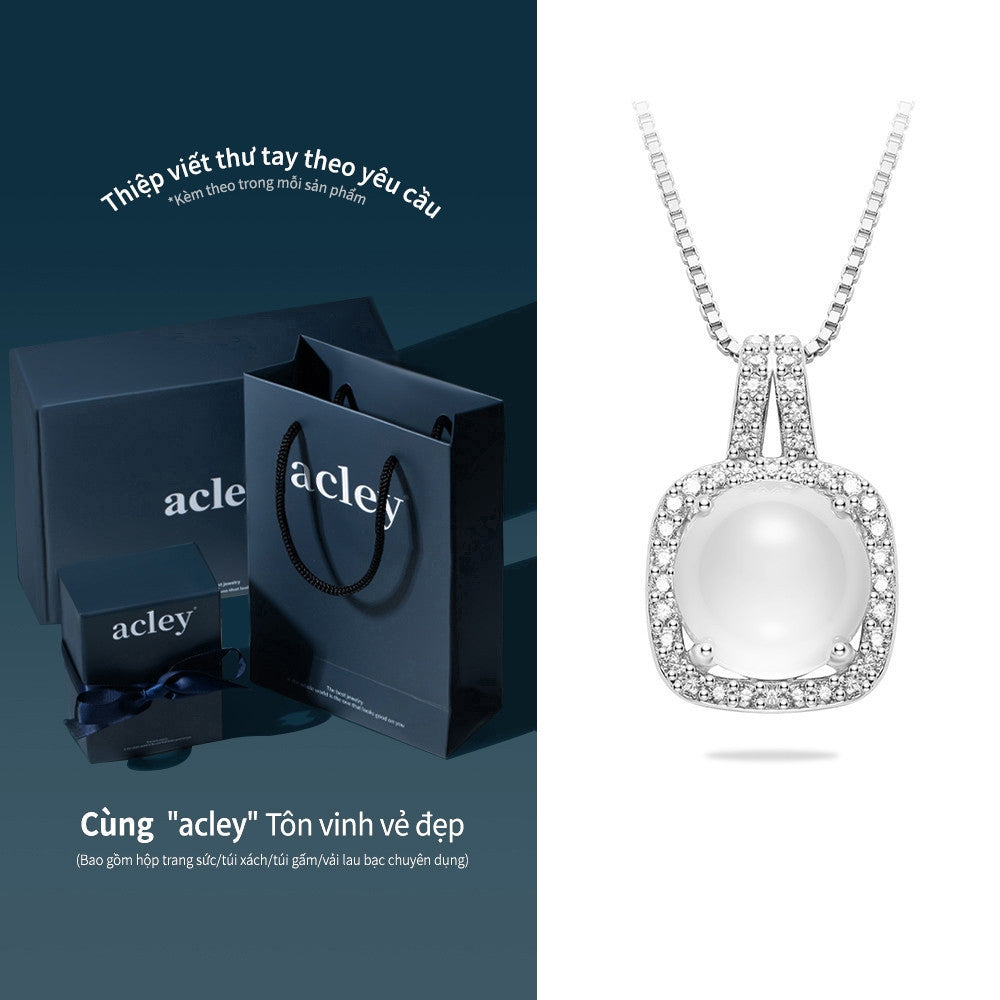Dây chuyền bạc S925 mặt vuông bo góc đá mã não chalcedony viền zircon 5A