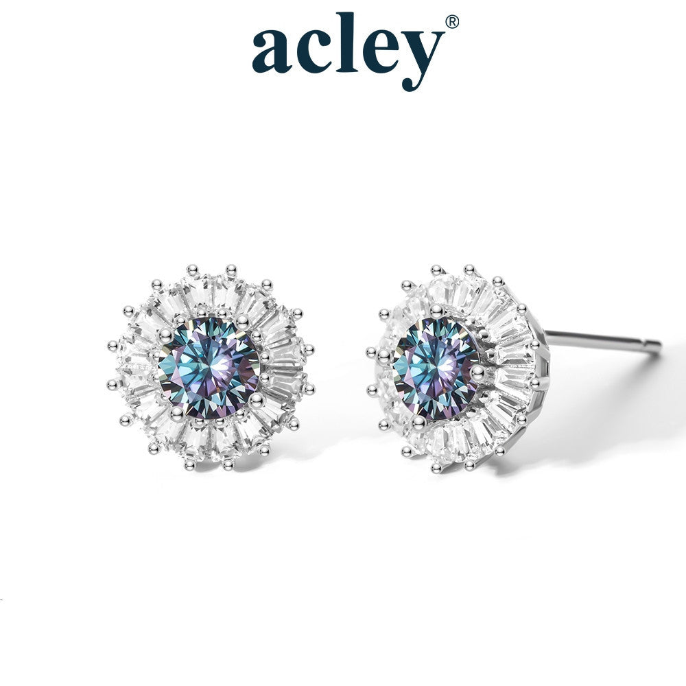 Bông tai bạc S925 đính đá Moissanite dáng tròn halo sang trọng
