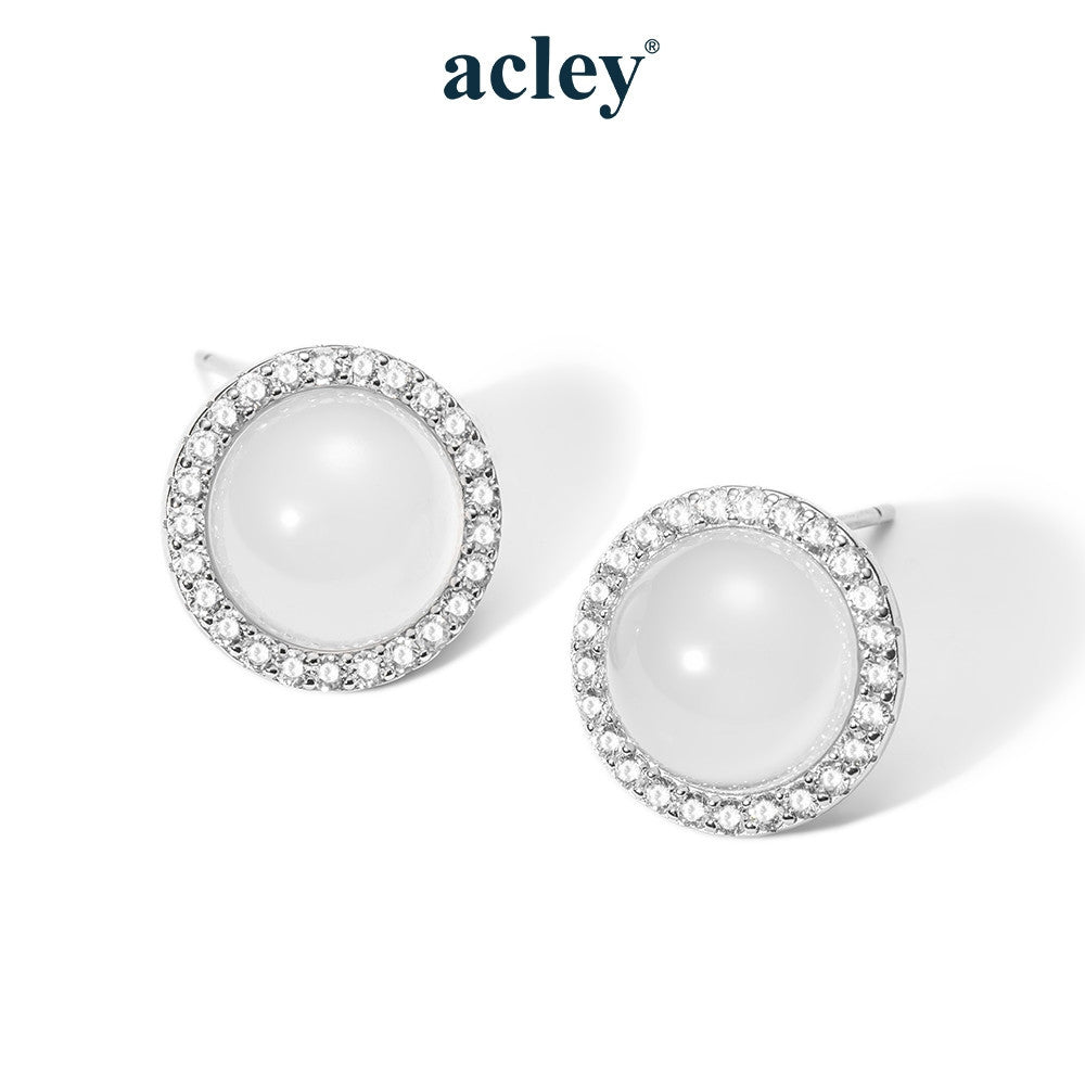 Bông tai nụ bạc S925 đá mã não chalcedony dáng tròn