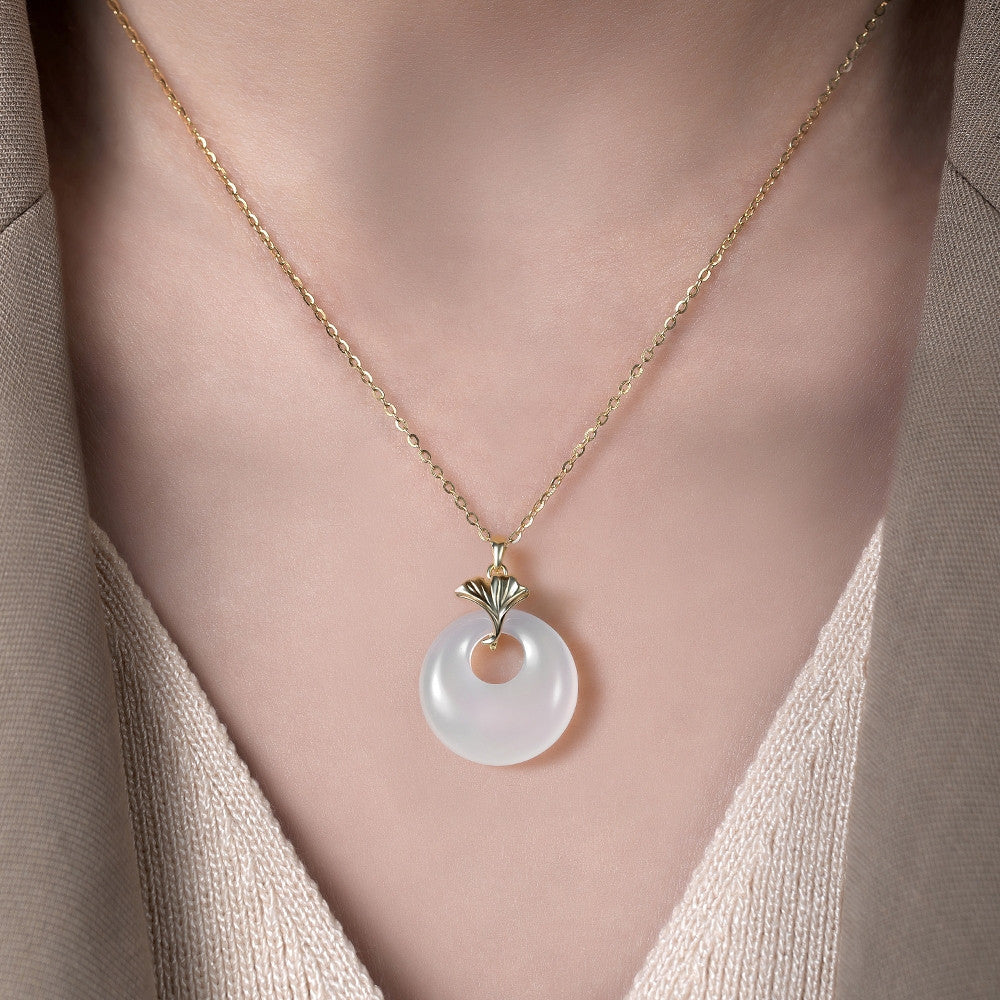 Dây chuyền bạc S925 mặt đồng điếu đá mã não chalcedony lá bạch quả