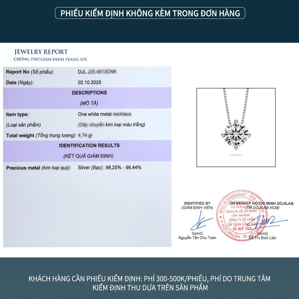 Dây chuyền bạc S925 đính đá Moissanite bốn chấu