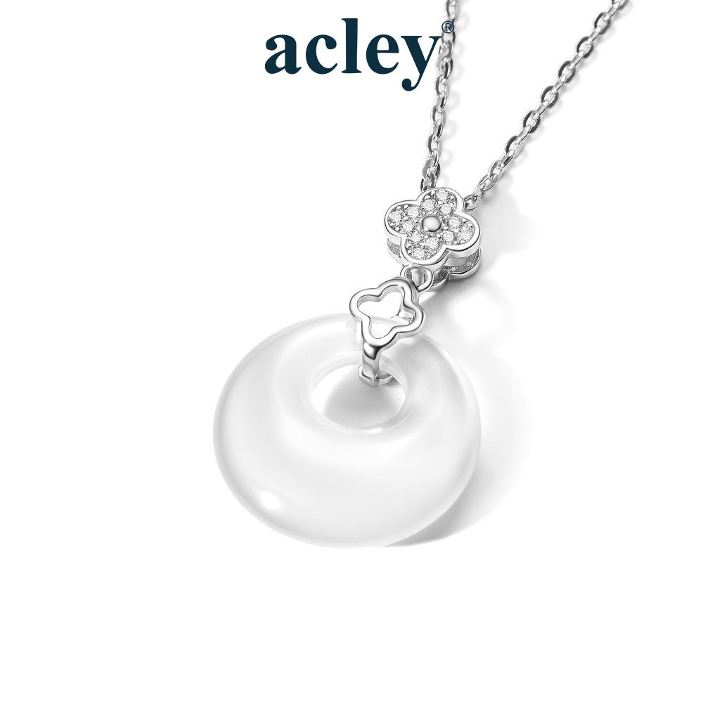 Dây chuyền bạc S925 mặt đồng điếu đá mã não chalcedony cỏ bốn lá