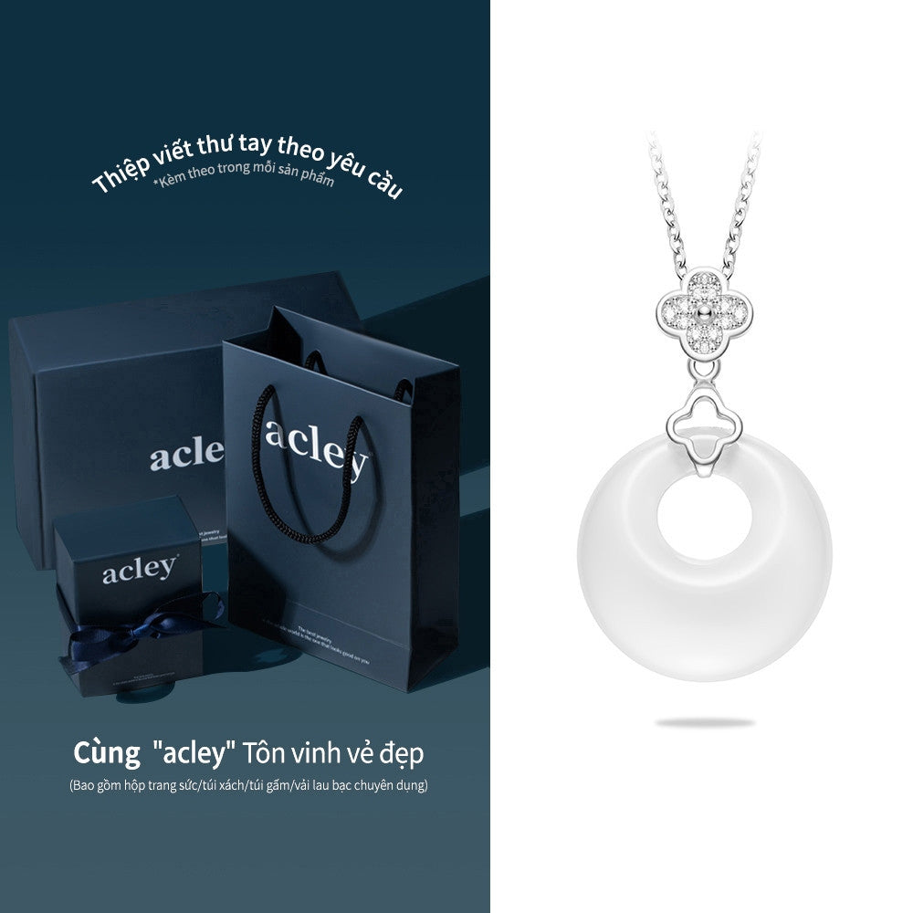 Dây chuyền bạc S925 mặt đồng điếu đá mã não chalcedony cỏ bốn lá