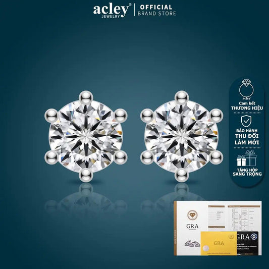 Bông tai nụ bạc S925 đính đá Moissanite tròn 6 chấu
