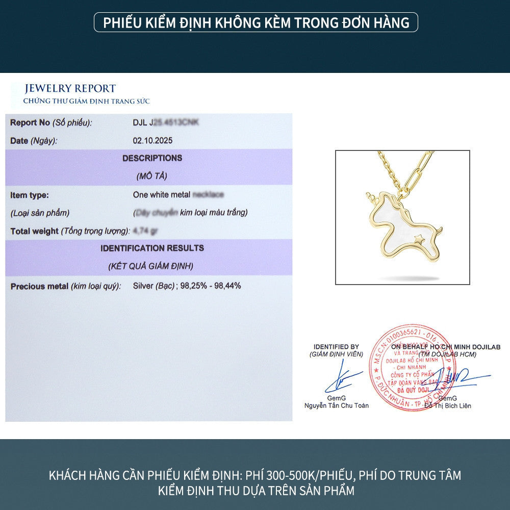 Dây chuyền bạc S925 hình kỳ lân xà cừ trắng