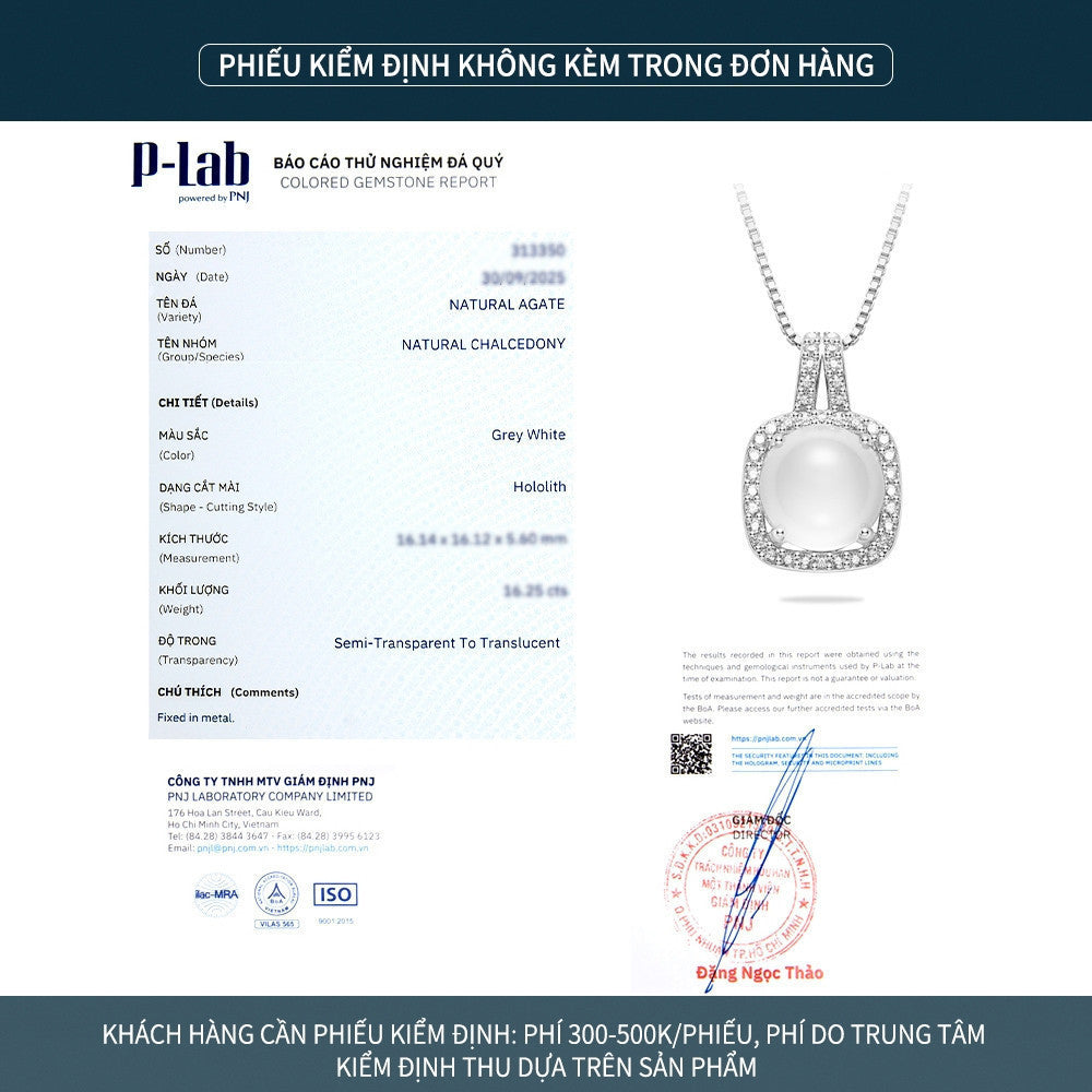 Dây chuyền bạc S925 mặt vuông bo góc đá mã não chalcedony viền zircon 5A
