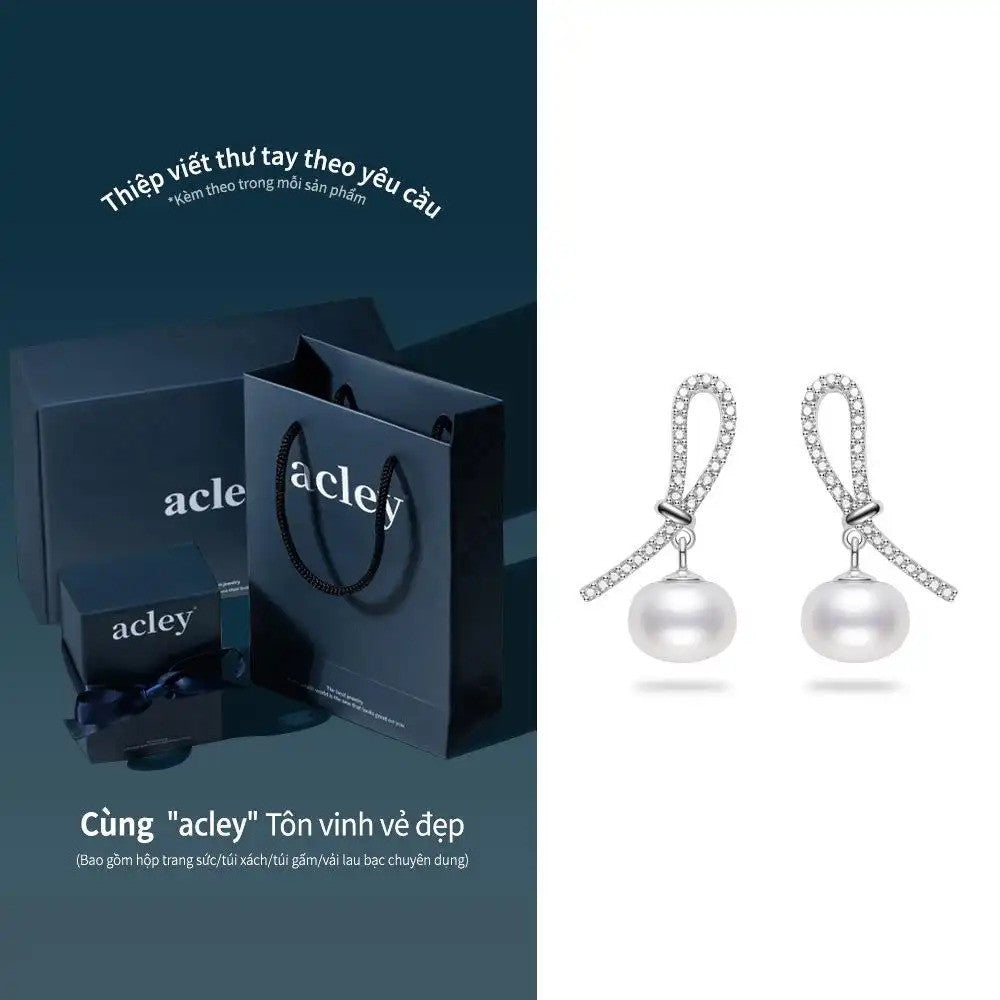 Bông tai bạc S925 ngọc trai nước ngọt đính đá zircon 5A dáng nơ