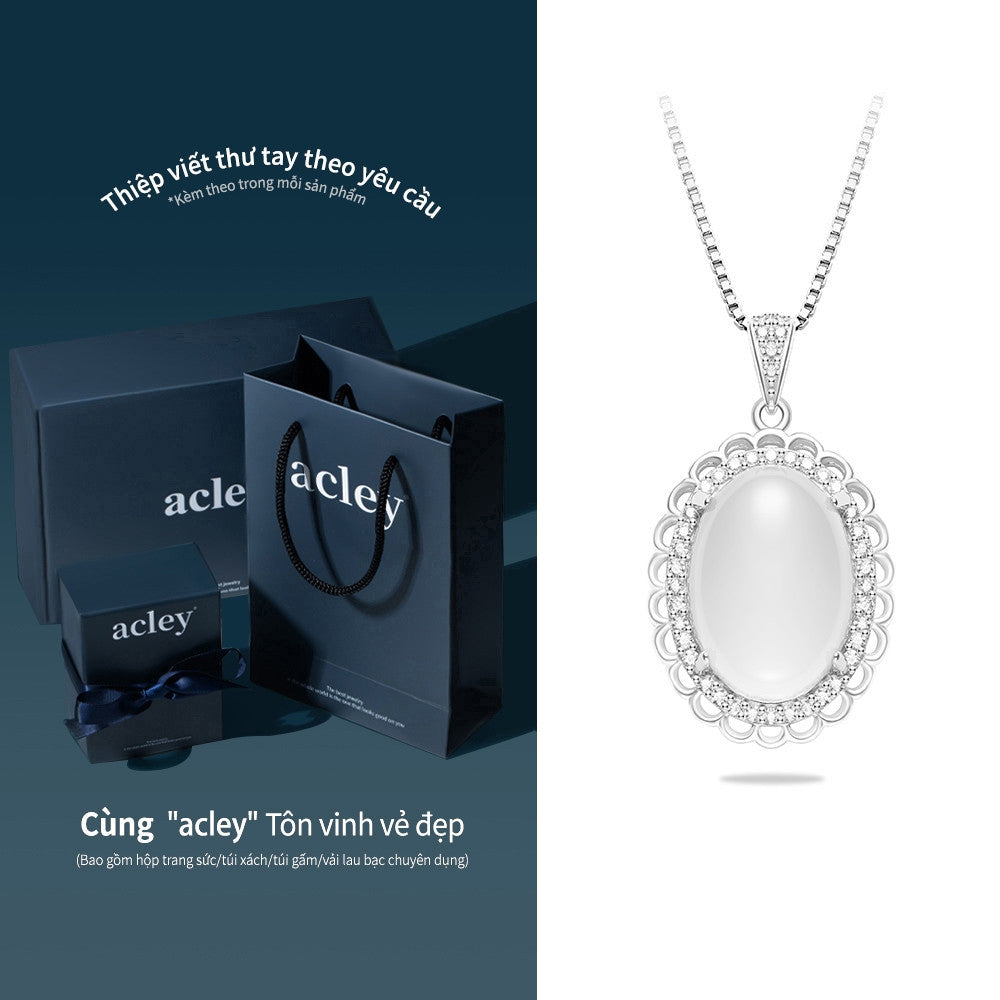 Dây chuyền bạc S925 mặt oval đá mã não chalcedony viền bi