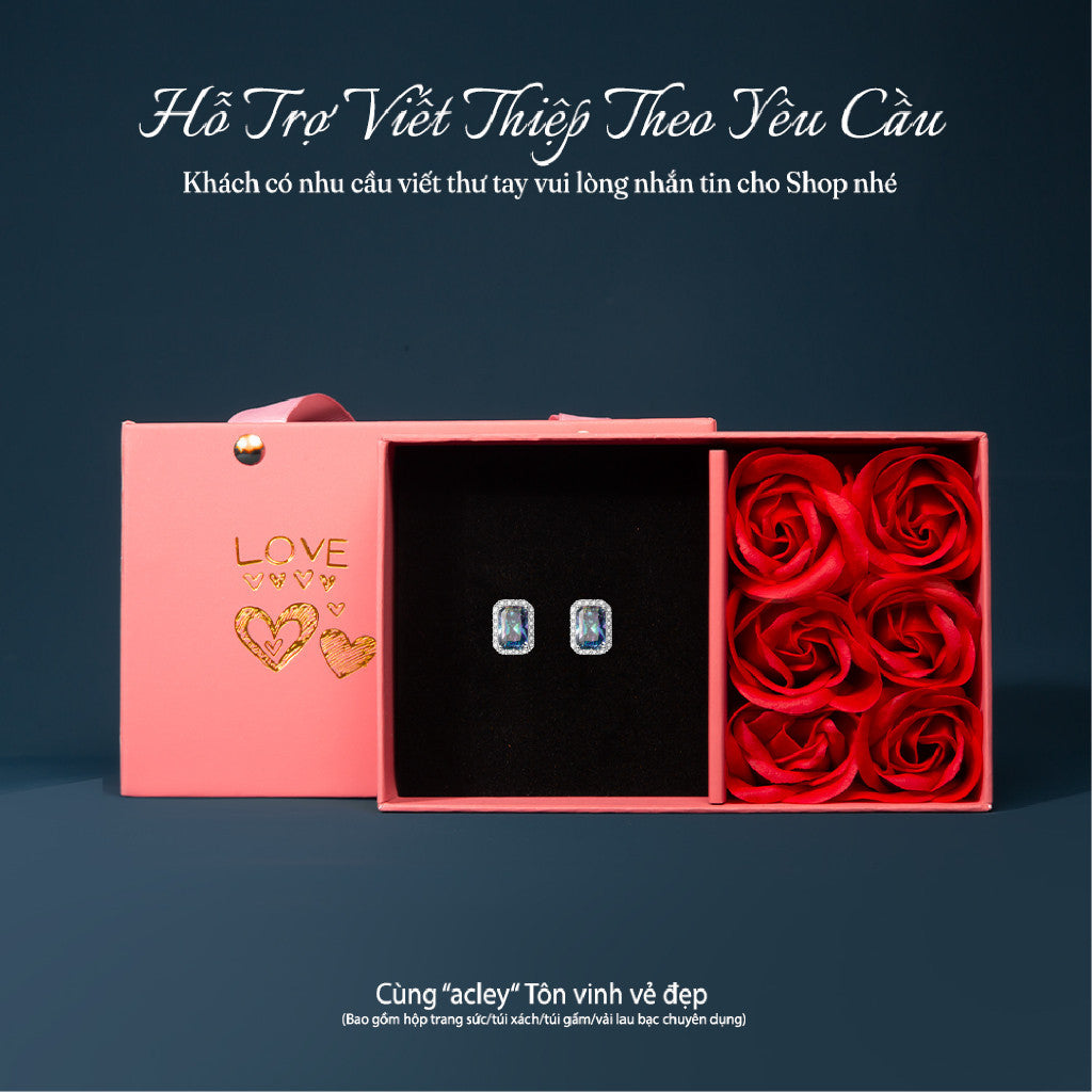 Bông tai bạc S925 đính đá Moissanite dáng chữ nhật halo