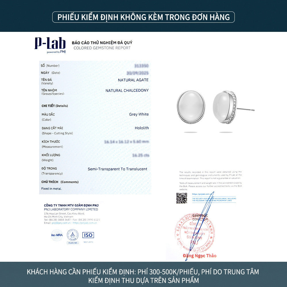 Bông tai nụ bạc S925 đá mã não chalcedony dáng oval