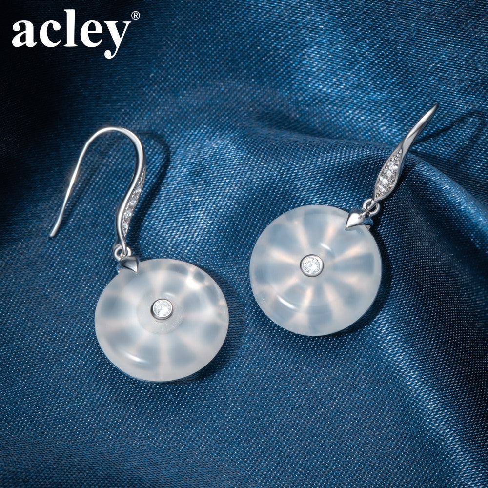 Bông tai móc bạc S925 đá mã não chalcedony dáng đồng xu