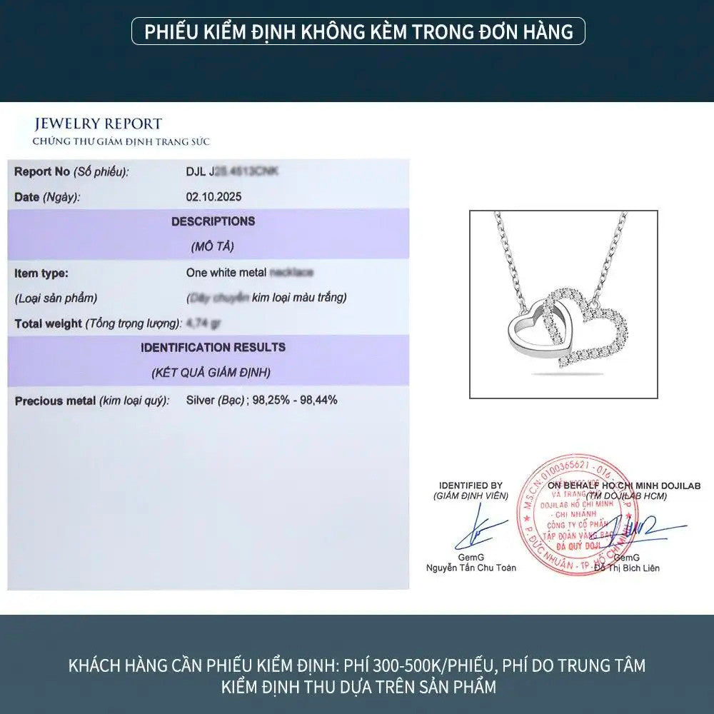 Dây chuyền bạc S925 hình trái tim đôi đính đá zircon 5A