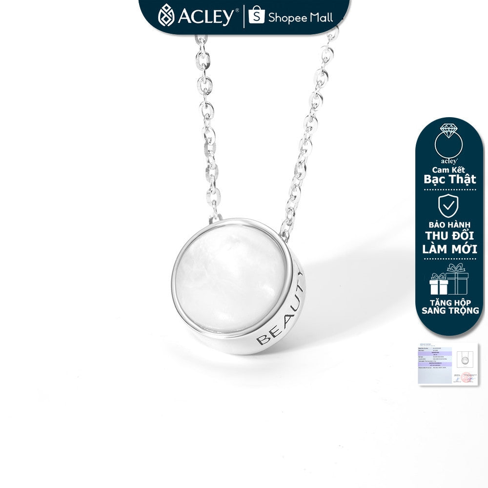 Dây chuyền bạc S925 mặt tròn xà cừ trắng chữ BEAUTY