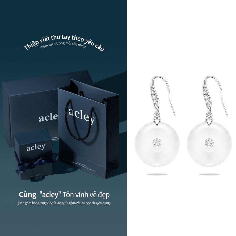 Bông tai móc bạc S925 đá mã não chalcedony dáng đồng xu