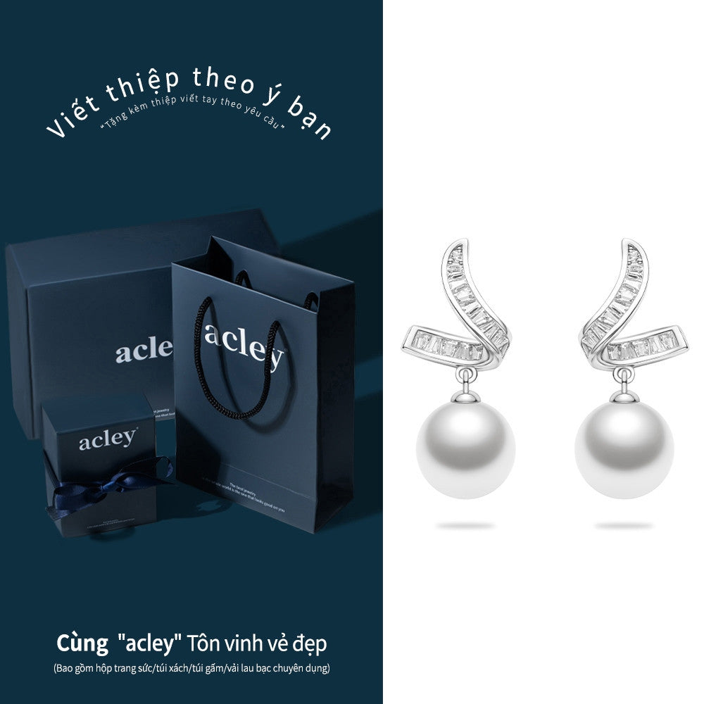 Bông tai bạc S925 ngọc trai đính đá zircon 5A dáng lá cong