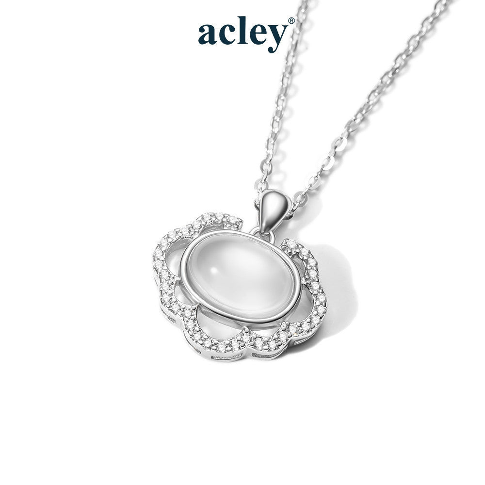 Dây chuyền bạc S925 mặt oval đá mã não chalcedony viền hoa