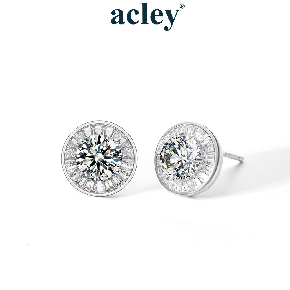 Bông tai bạc S925 đính đá Moissanite dáng tròn viền baguette