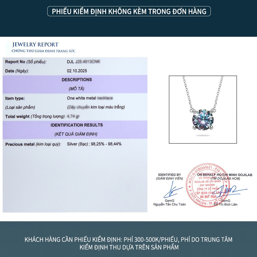 Dây chuyền bạc S925 đính đá Moissanite viên tròn bốn chấu