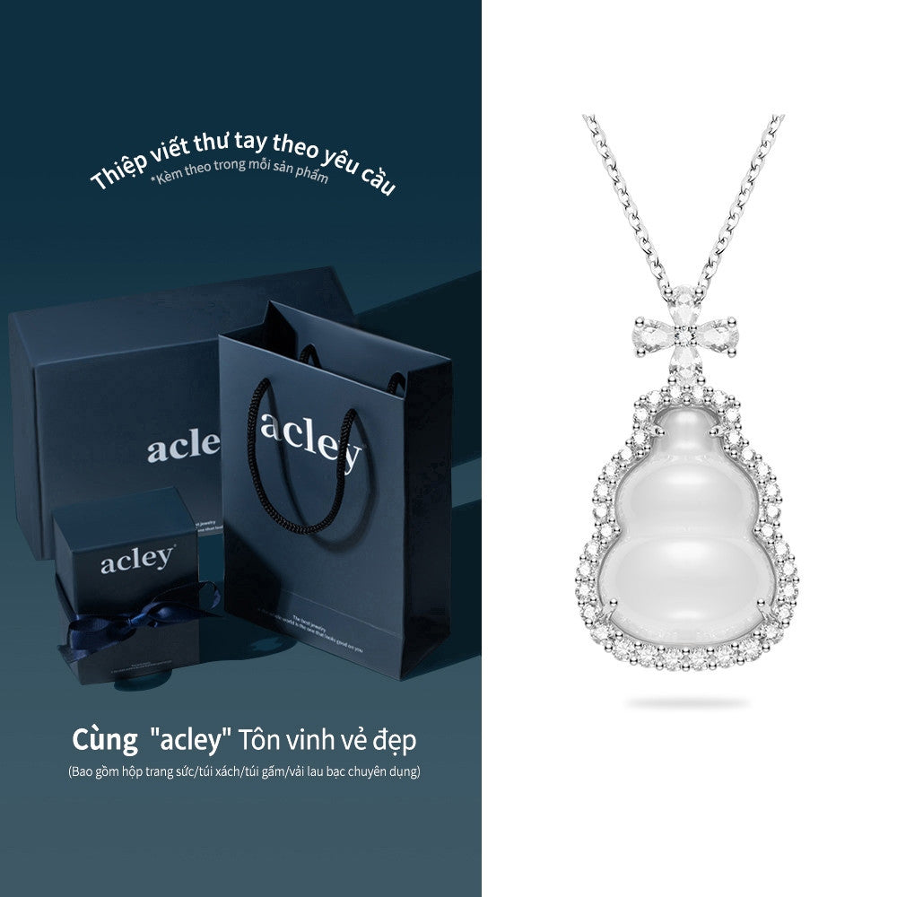 Dây chuyền bạc S925 mặt hồ lô thắt nơ đá mã não chalcedony zircon 5A
