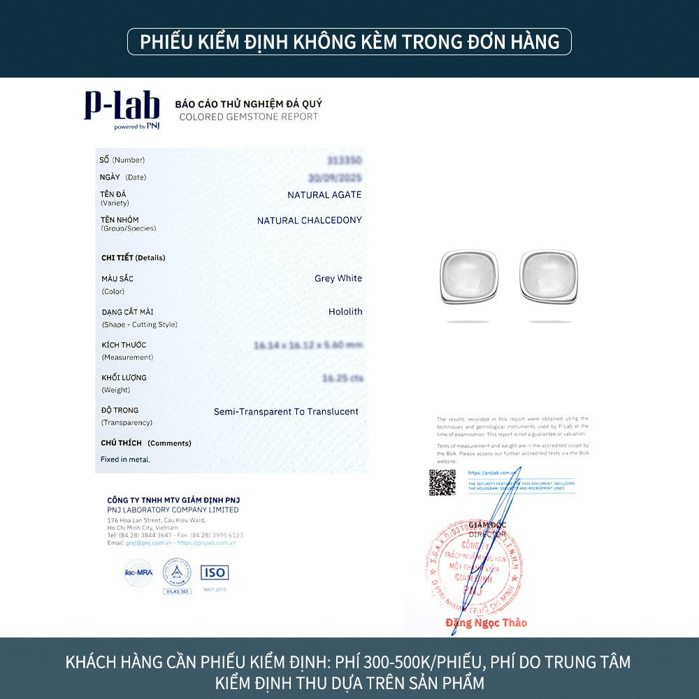 Bông tai nụ bạc S925 đá mã não chalcedony dáng vuông bo góc