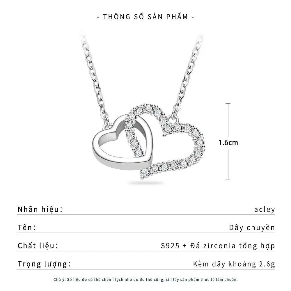 Dây chuyền bạc S925 hình trái tim đôi đính đá zircon 5A