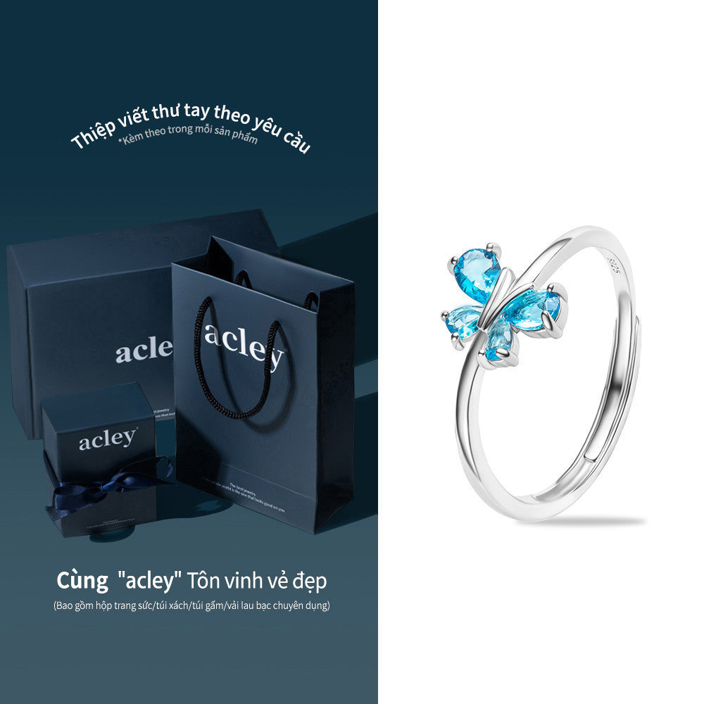 Nhẫn bạc S925 hình bướm đính đá zircon 5A màu xanh