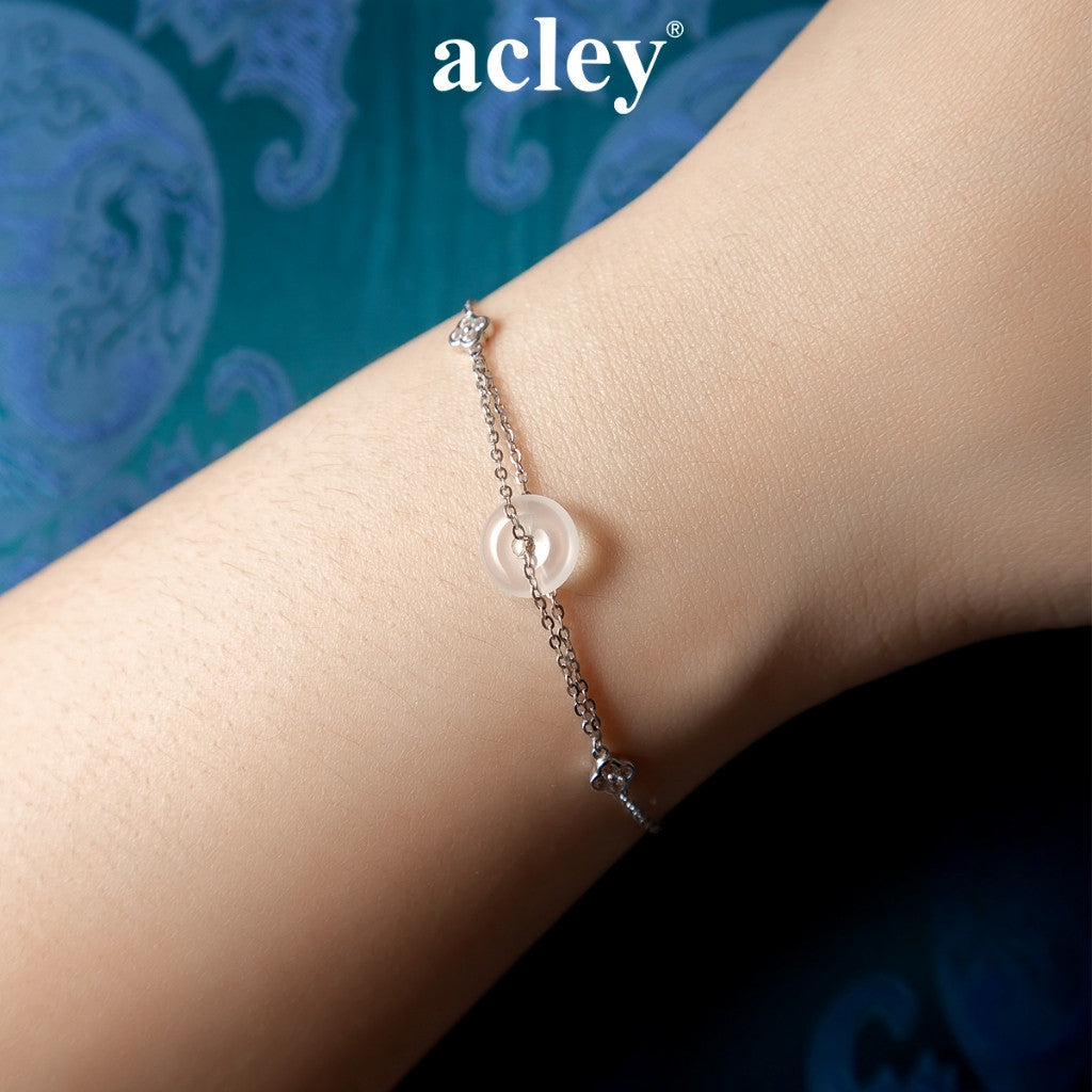 Lắc tay bạc S925 phối đá mã não chalcedony trắng điểm hoa