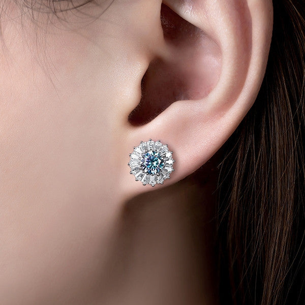 Bông tai bạc S925 đính đá Moissanite dáng tròn halo sang trọng