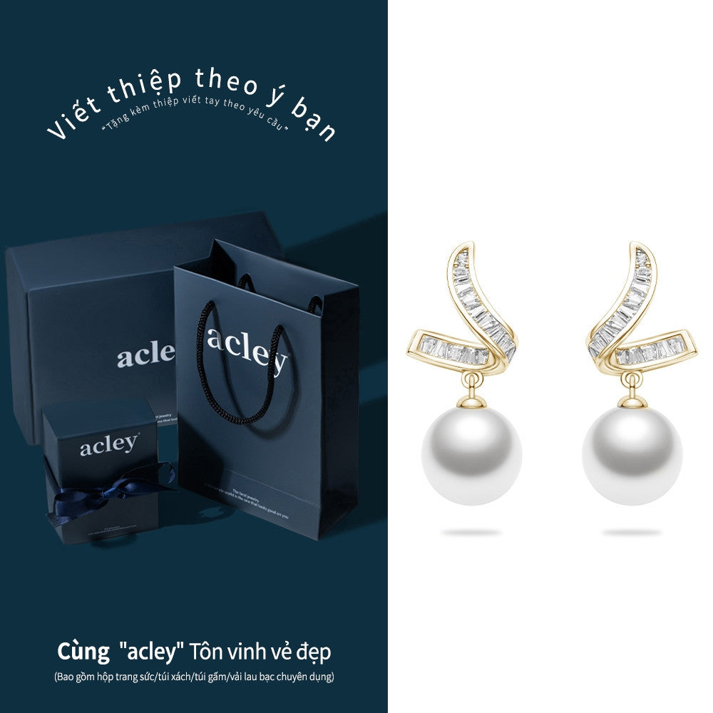 Bông tai bạc S925 ngọc trai đính đá zircon 5A dáng lá cong