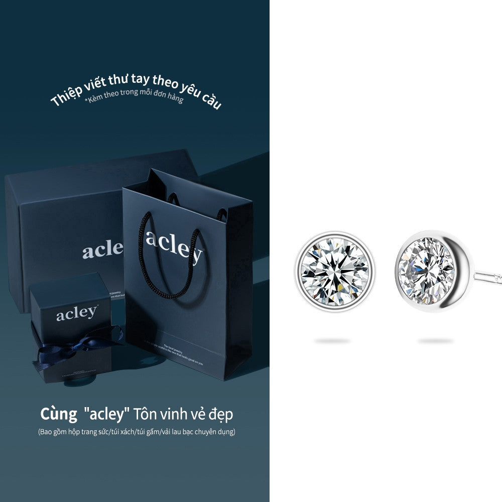 Bông tai nụ bạc S925 đính đá Moissanite bọc viền tròn