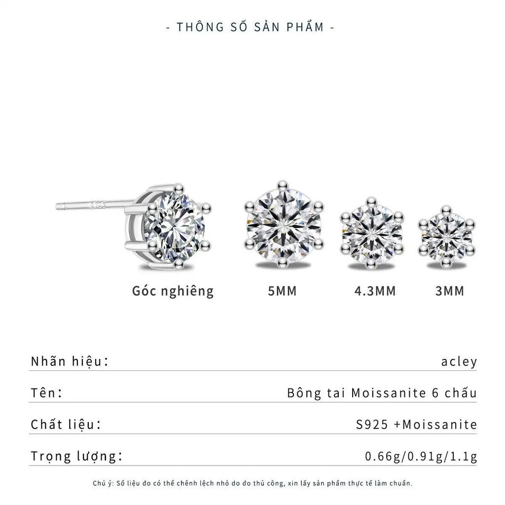 Bông tai nụ bạc S925 đính đá Moissanite tròn 6 chấu