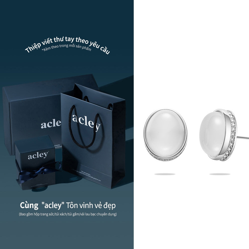 Bông tai nụ bạc S925 đá mã não chalcedony dáng oval
